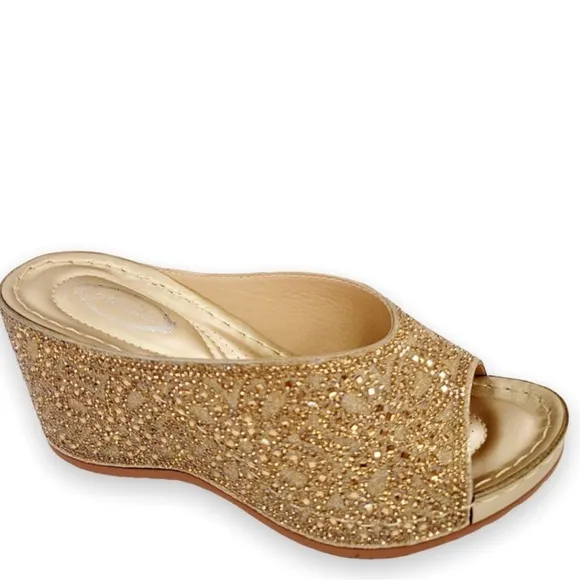 Restocked! Italina Gold Metallic Rhinestone Embellished Wedge Heel