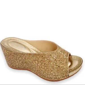 Restocked! Italina Gold Metallic Rhinestone Embellished Wedge Heel