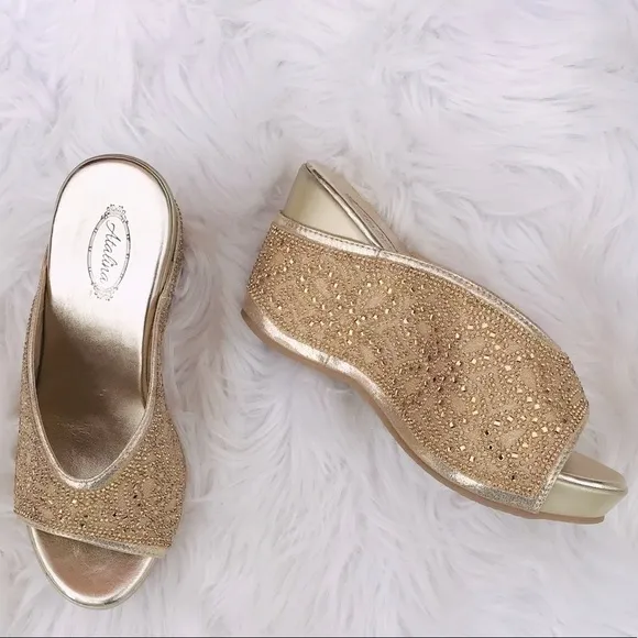 Restocked! Italina Gold Metallic Rhinestone Embellished Wedge Heel