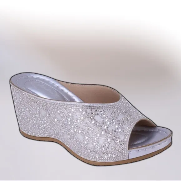 Restocked! Italina Gold Metallic Rhinestone Embellished Wedge Heel