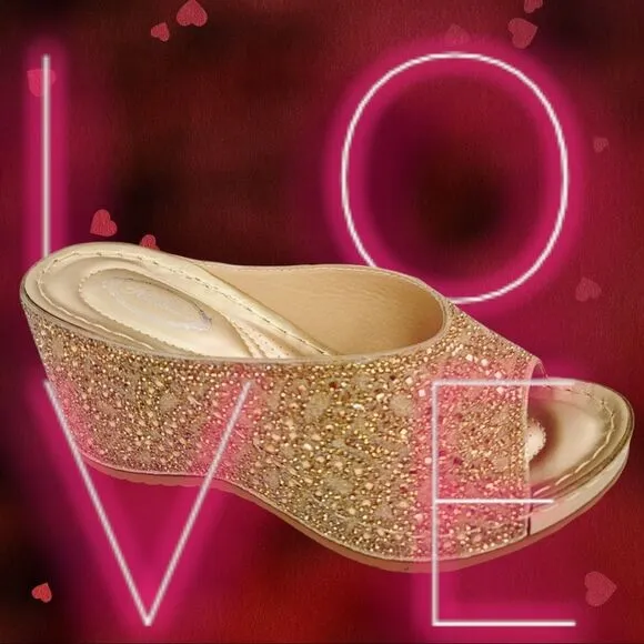 Restock! Italina Gold Metallic Rhinestone Embellished Wedge