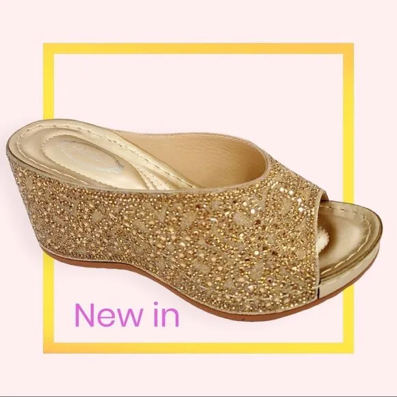Restock! Italina Gold Metallic Rhinestone Embellished Wedge