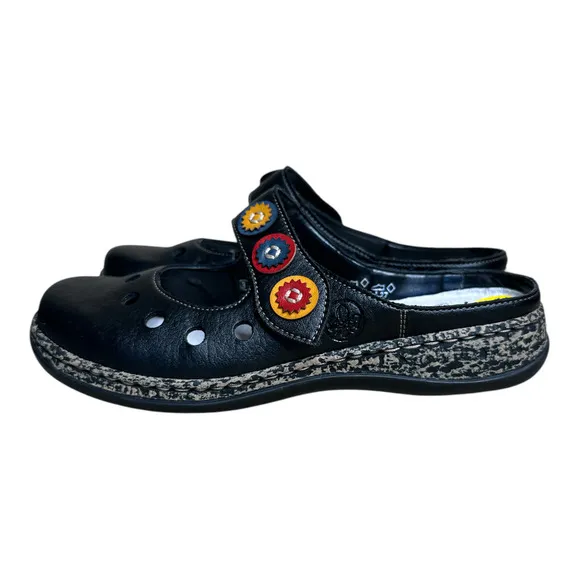 Rieker Vegan Leather Black Multi Daisy Mary Jane Casual Whimsical Slides  38/8