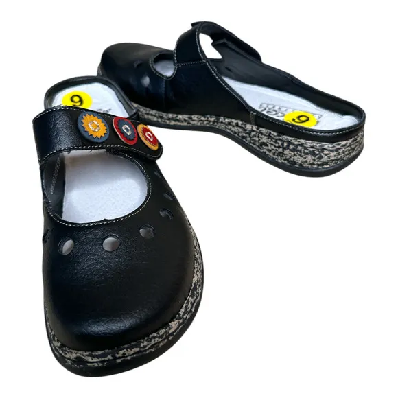 Rieker Vegan Leather Black Multi Daisy Mary Jane Casual Whimsical Slides  38/8