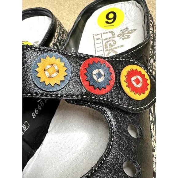 Rieker Vegan Leather Black Multi Daisy Mary Jane Casual Whimsical Slides  38/8