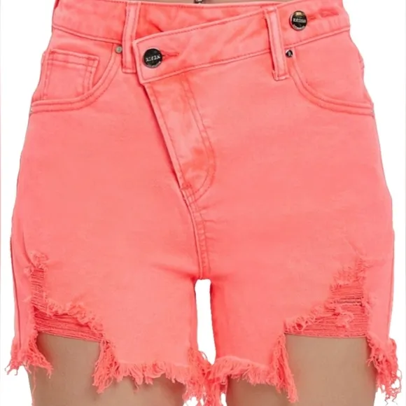 RISEN Asymmetrical Cut-off Mid-Rise Distressed Pink Denim Frayed Jean Shorts