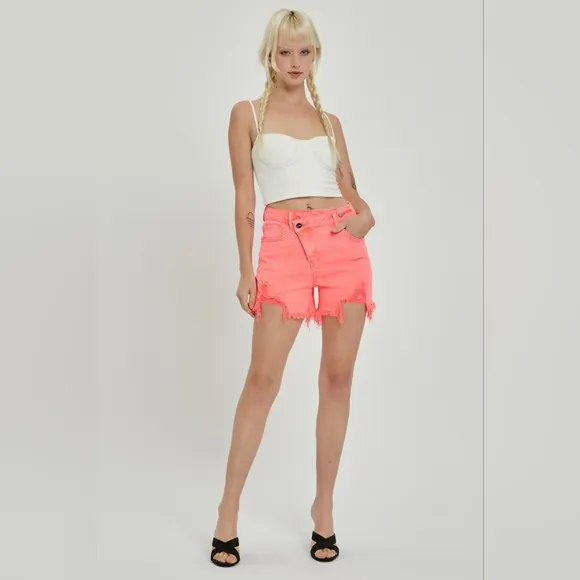 RISEN Asymmetrical Cut-off Mid-Rise Distressed Pink Denim Frayed Jean Shorts