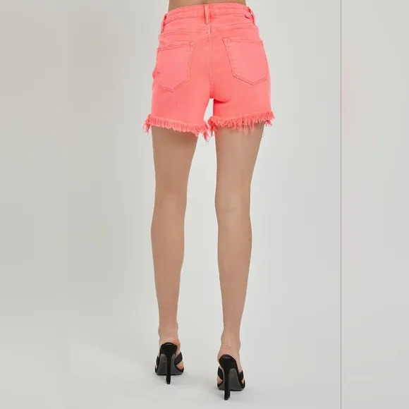 RISEN Asymmetrical Cut-off Mid-Rise Distressed Pink Denim Frayed Jean Shorts