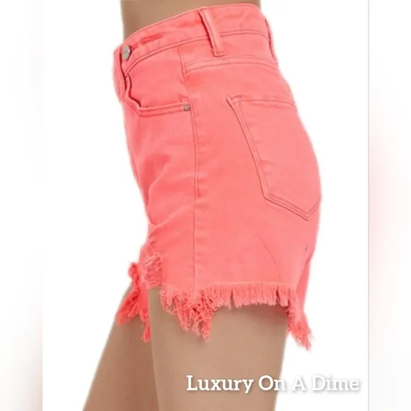 RISEN Asymmetrical Cut-off Mid-Rise Distressed Pink Denim Frayed Jean Shorts