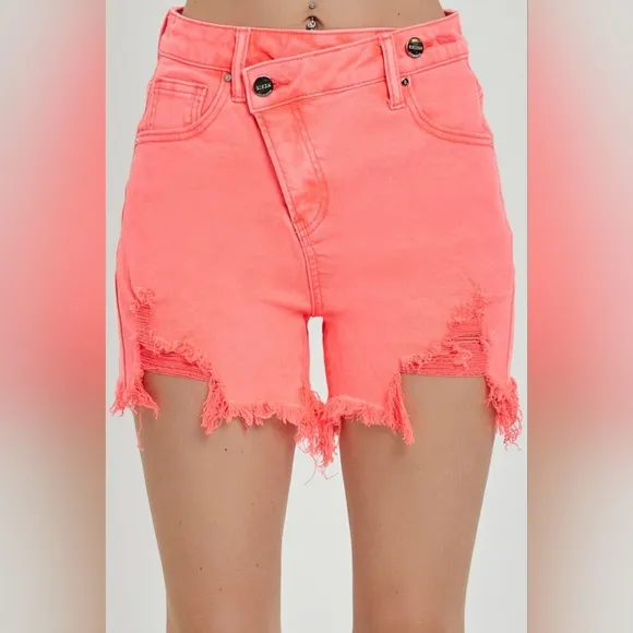 RISEN Asymmetrical Cut-off Mid-Rise Distressed Pink Denim Frayed Jean Shorts