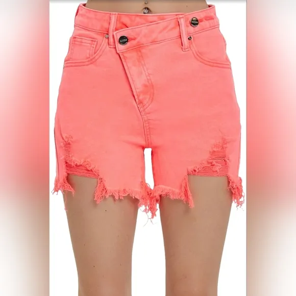 RISEN Asymmetrical Cut-off Mid-Rise Distressed Pink Denim Frayed Jean Shorts