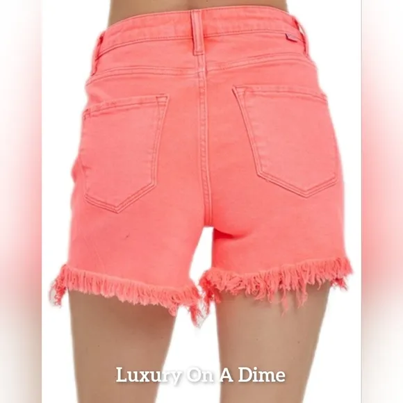 RISEN Asymmetrical Cut-off Mid-Rise Distressed Pink Denim Frayed Jean Shorts