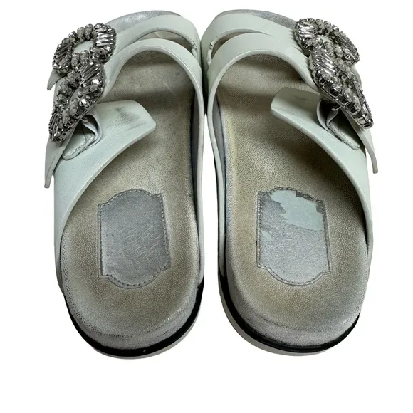 Roger Vivier Women's 38 Cream Slidy Viv Swarovski Crystal Leather Slides Mules