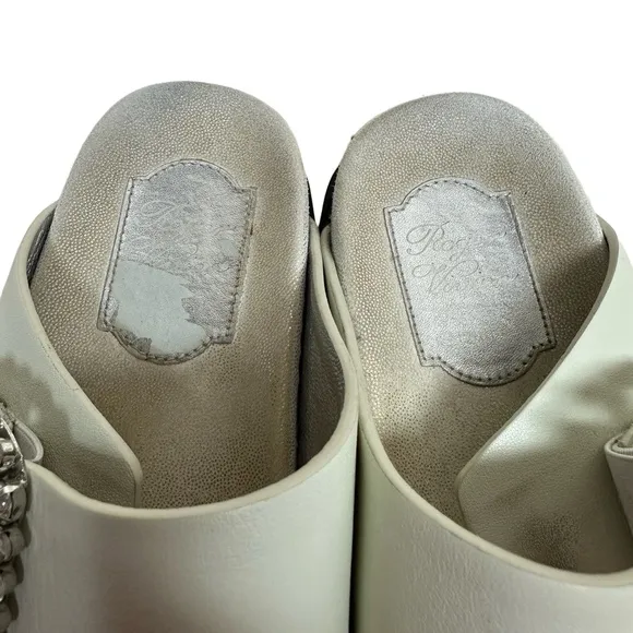 Roger Vivier Women's 38 Cream Slidy Viv Swarovski Crystal Leather Slides Mules