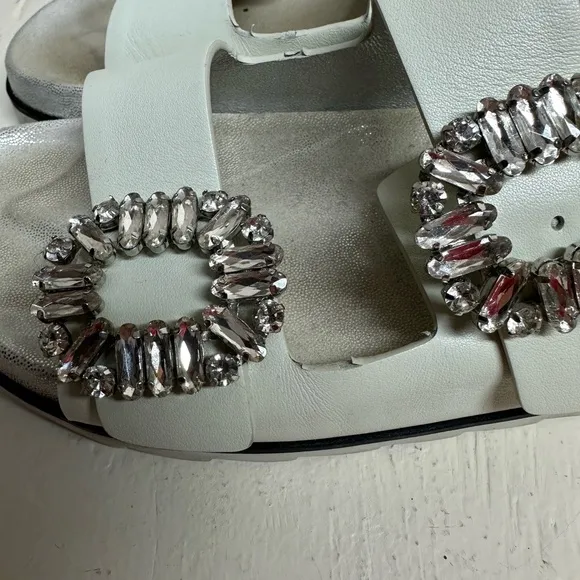 Roger Vivier Women's 38 Cream Slidy Viv Swarovski Crystal Leather Slides Mules
