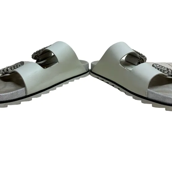 Roger Vivier Women's 38 Cream Slidy Viv Swarovski Crystal Leather Slides Mules