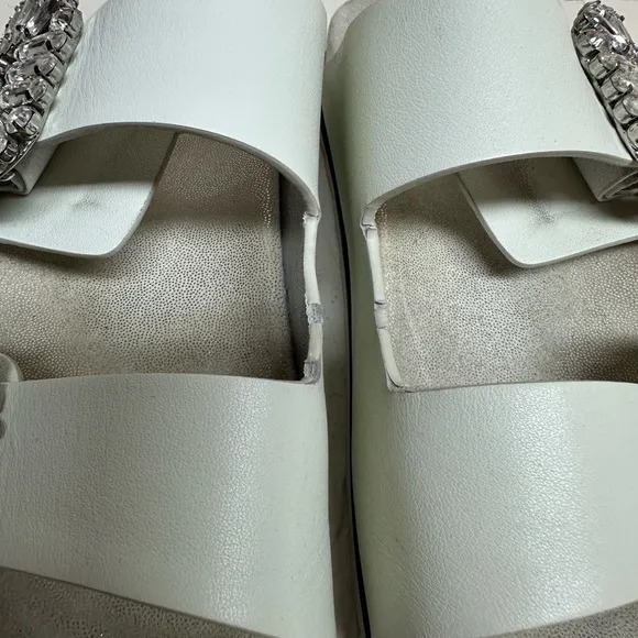 Roger Vivier Women's 38 Cream Slidy Viv Swarovski Crystal Leather Slides Mules