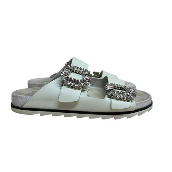 Roger Vivier Women's 38 Cream Slidy Viv Swarovski Crystal Leather Slides Mules