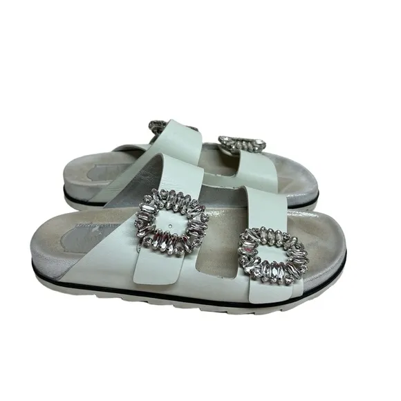 Roger Vivier Women's 38 Cream Slidy Viv Swarovski Crystal Leather Slides Mules