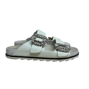 Roger Vivier Women's 38 Cream Slidy Viv Swarovski Crystal Leather Slides Mules