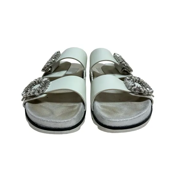 Roger Vivier Women's 38 Cream Slidy Viv Swarovski Crystal Leather Slides Mules