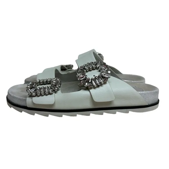 Roger Vivier Women's 38 Cream Slidy Viv Swarovski Crystal Leather Slides Mules