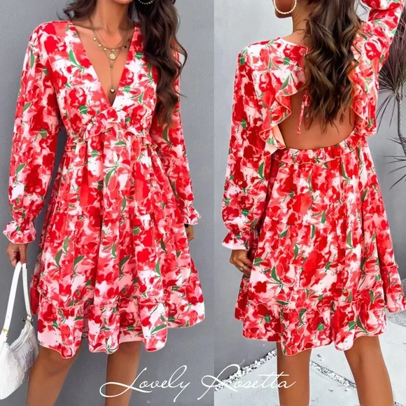 Romantic Backless Flounce Sleeve V-Neck Dress