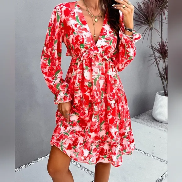 Romantic Backless Flounce Sleeve V-Neck Dress