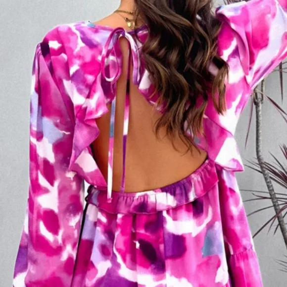 Romantic Violet Backless Flounce Sleeve Dress