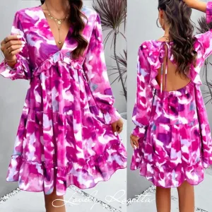 Romantic Violet Backless Flounce Sleeve Dress