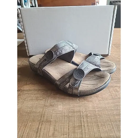 Romika Fidschi Womens 37 Silver Metallic Adjust Leather Slide Sandal NEW