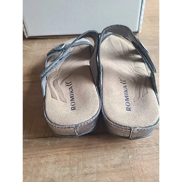 Romika Fidschi Womens 37 Silver Metallic Adjust Leather Slide Sandal NEW