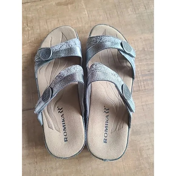 Romika Fidschi Womens 37 Silver Metallic Adjust Leather Slide Sandal NEW