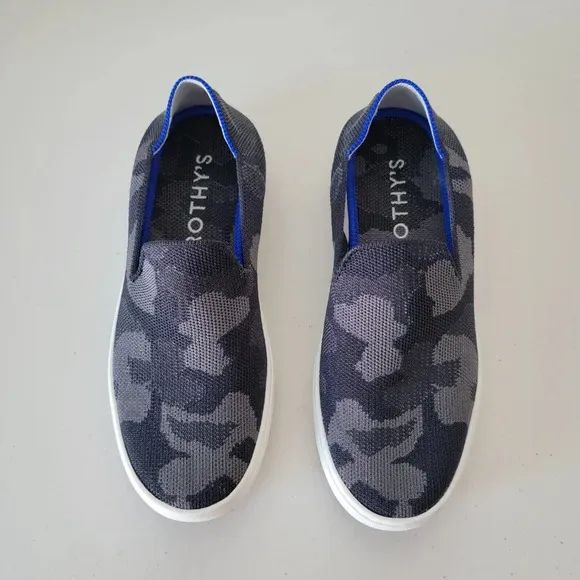 Rothy's Slip-On Sneakers Camo Fabric Black Gray Woman 5 Comfy Easy Care Walking