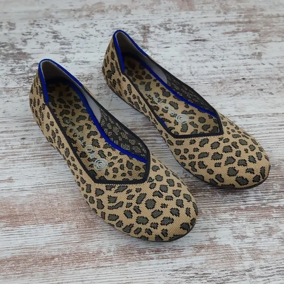Rothys Spotted Leopard Blue Halo Red Heel Flats