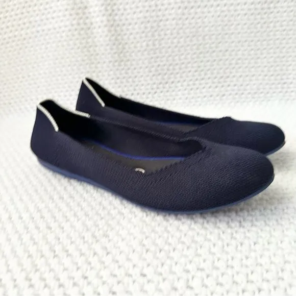 Rothy’s The Flat Maritime Navy Blue Solid White Halo Rounded Toe Flat Shoes 7