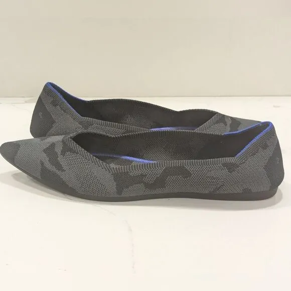 Rothy's The Point ballet slip-on Flats shoes gray Camo textile blue trim 11.5
