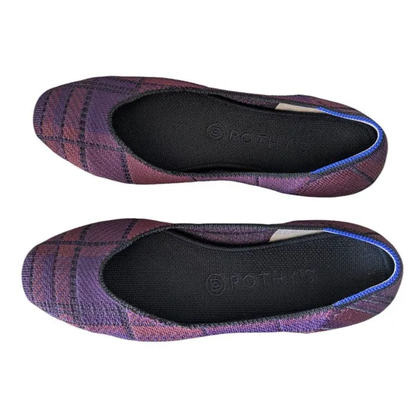 Rothys The Square Cabernet Iris Plaid Textile Ballet Flats Size 9 Dark Purple