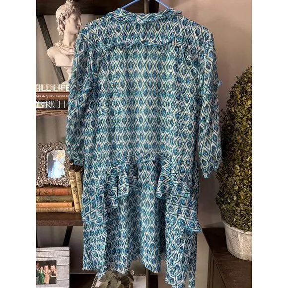 SALONI Tilly Silk Ruffle Belted Mini Dress Filigree Batik Blue Womens Size US 4