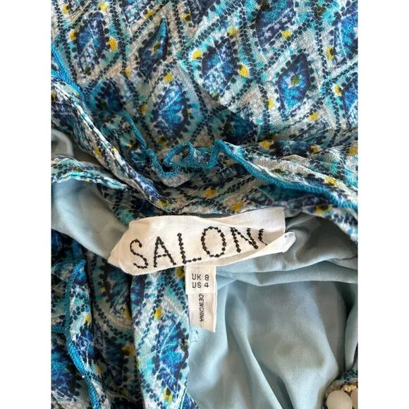 SALONI Tilly Silk Ruffle Belted Mini Dress Filigree Batik Blue Womens Size US 4