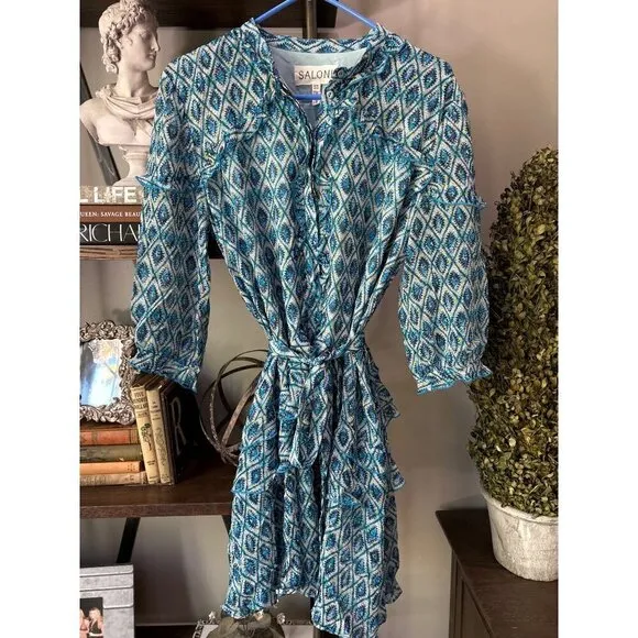 SALONI Tilly Silk Ruffle Belted Mini Dress Filigree Batik Blue Womens Size US 4
