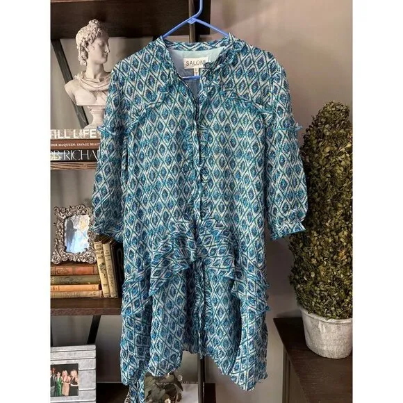 SALONI Tilly Silk Ruffle Belted Mini Dress Filigree Batik Blue Womens Size US 4