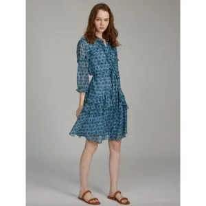 SALONI Tilly Silk Ruffle Belted Mini Dress Filigree Batik Blue Womens Size US 4