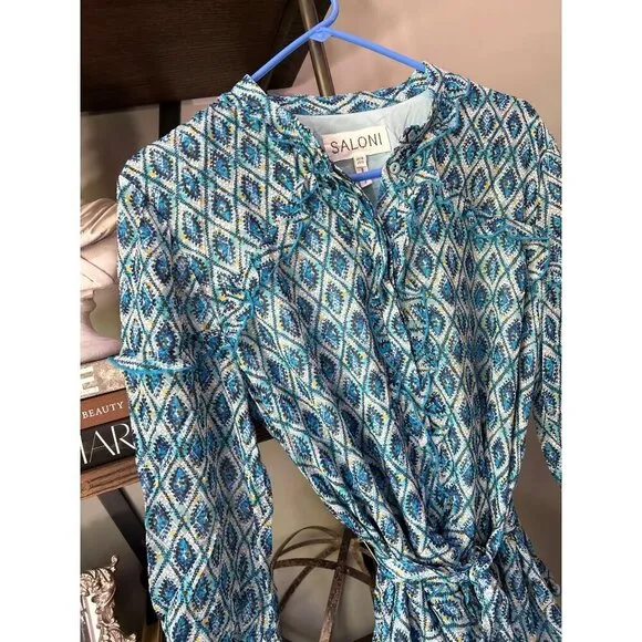 SALONI Tilly Silk Ruffle Belted Mini Dress Filigree Batik Blue Womens Size US 4