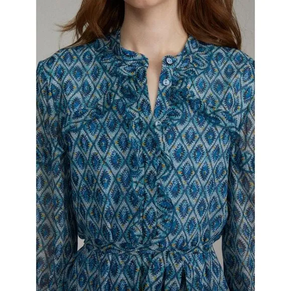 SALONI Tilly Silk Ruffle Belted Mini Dress Filigree Batik Blue Womens Size US 4