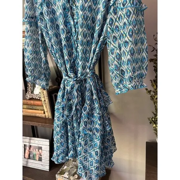 SALONI Tilly Silk Ruffle Belted Mini Dress Filigree Batik Blue Womens Size US 4