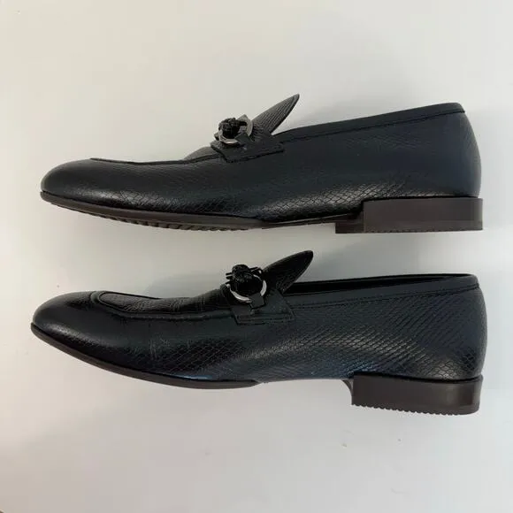 Salvarore Ferragamo Gancini Slip-On Textured Leather Loafers Black Men's 8E Wide