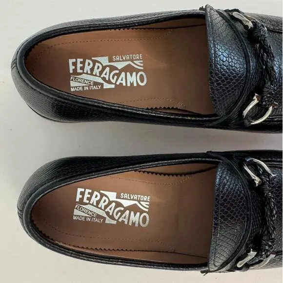 Salvarore Ferragamo Gancini Slip-On Textured Leather Loafers Black Men's 8E Wide