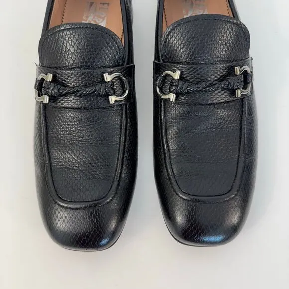 Salvarore Ferragamo Gancini Slip-On Textured Leather Loafers Black Men's 8E Wide