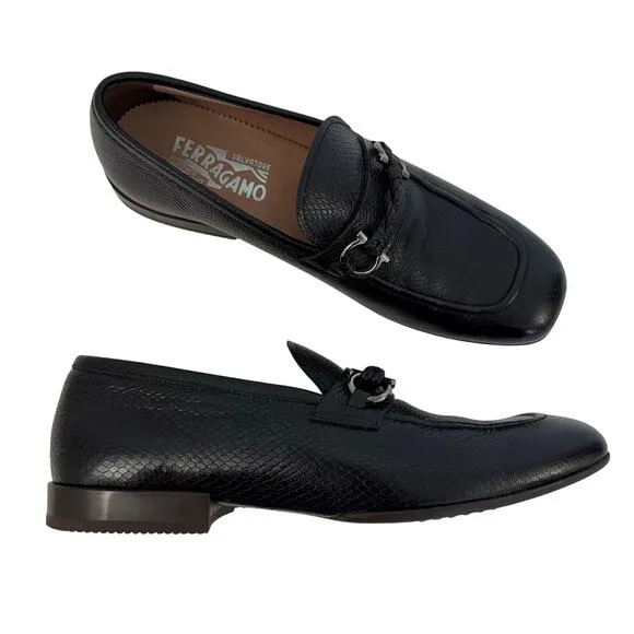 Salvarore Ferragamo Gancini Slip-On Textured Leather Loafers Black Men's 8E Wide